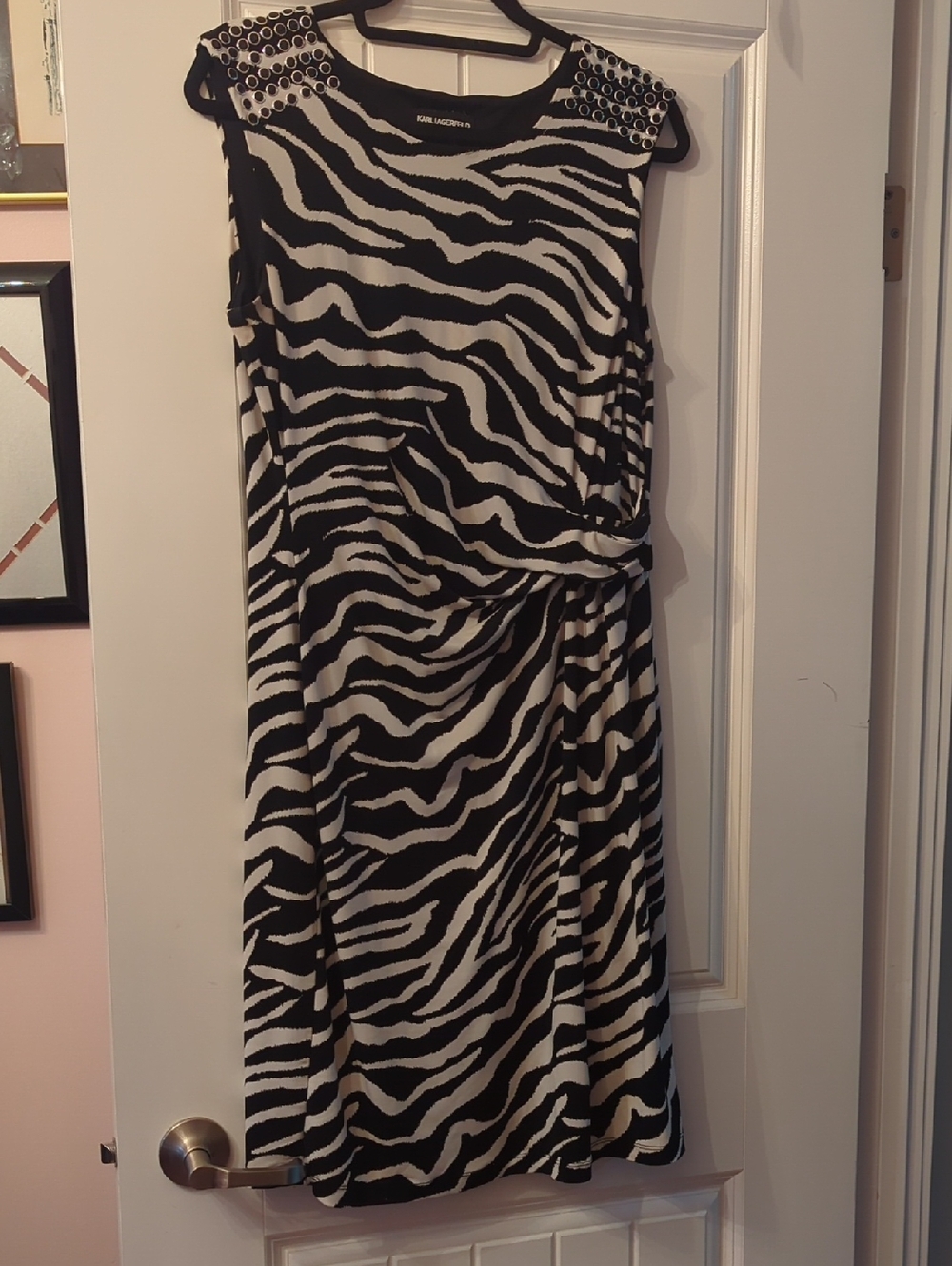 Karl Lagerfeld Black & White Zebra-Print Midi Dress with Studded Shoulders